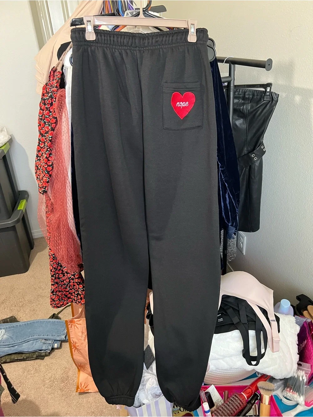 Boohoo Black Joggers with Red Heart Pocket Patch